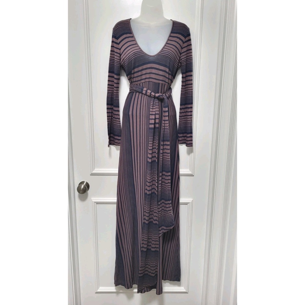 Navy Brown Stripe Lightweight Long Sleeve Belted Maxi Dress Monrow XS